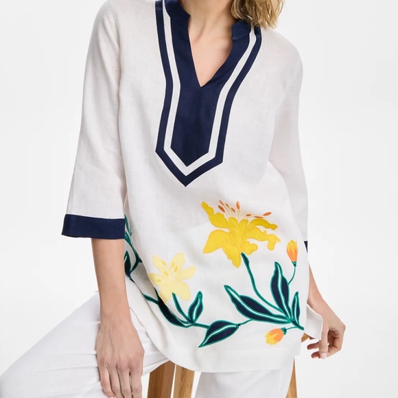 NWT Charter Club Women's Embroidered 3/4-Sleeve 100% Linen Tunic Top Size US XL - Picture 2 of 7